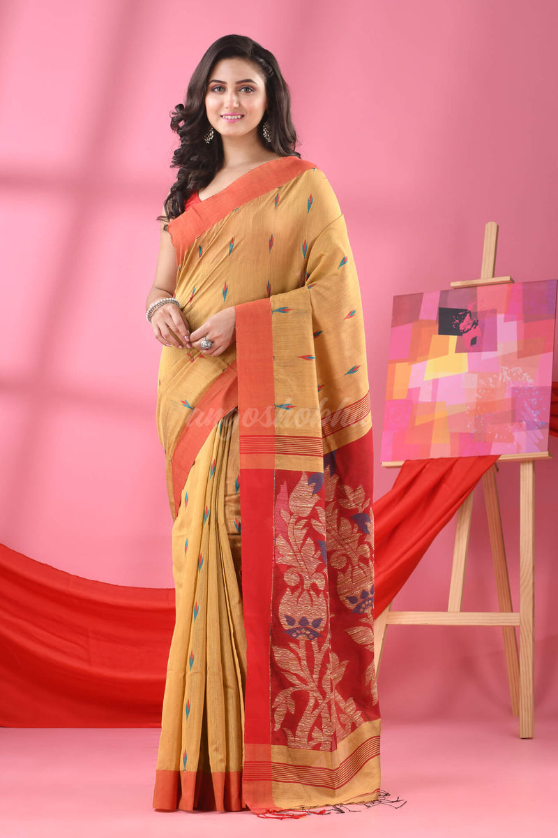 Beige Cotton Blend Jacquard Work Handloom Saree