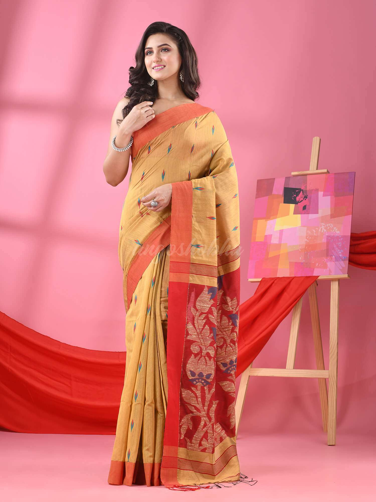 Beige Cotton Blend Jacquard Work Handloom Saree