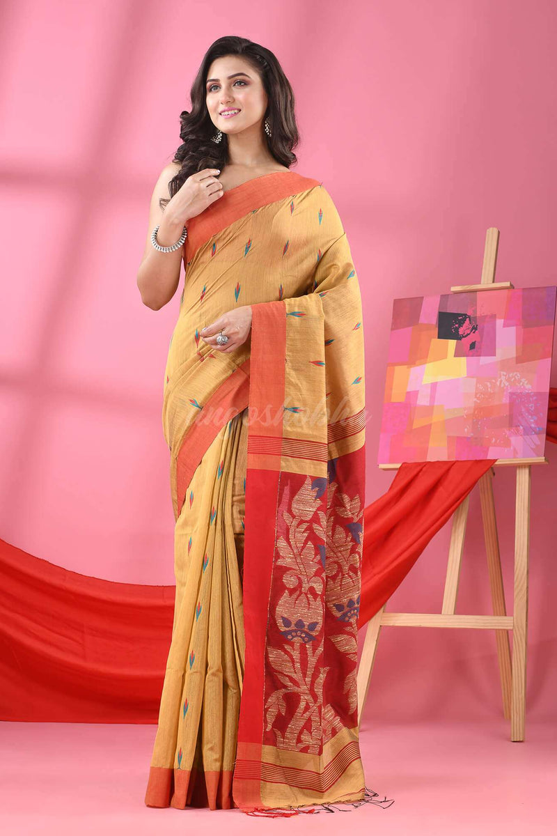 Beige Cotton Blend Jacquard Work Handloom Saree