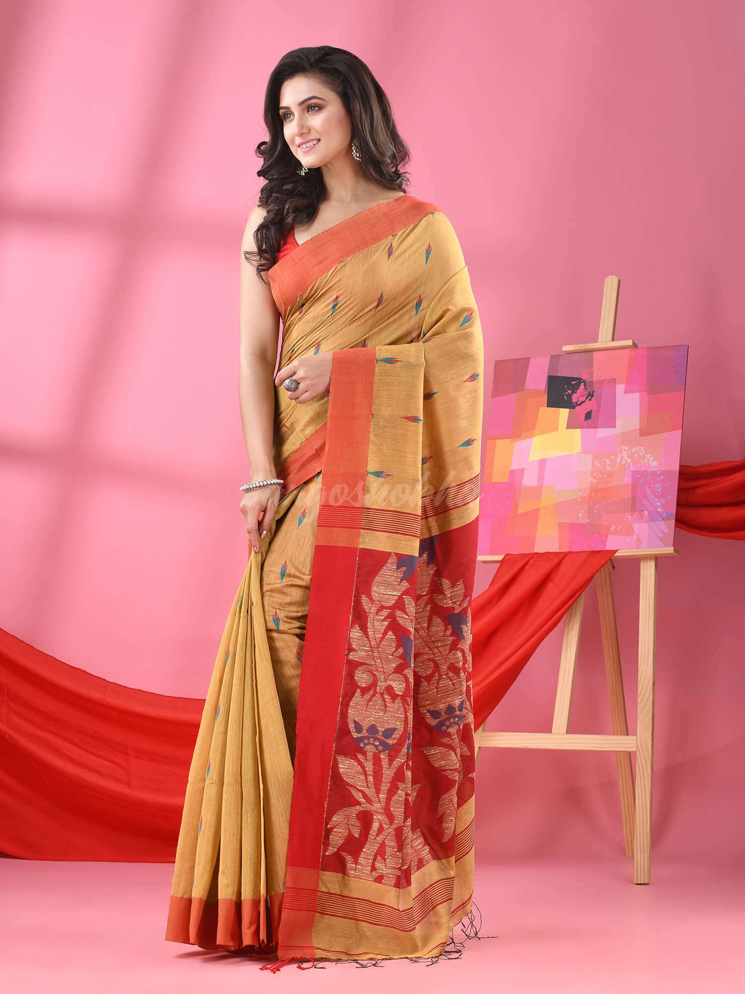 Beige Cotton Blend Jacquard Work Handloom Saree