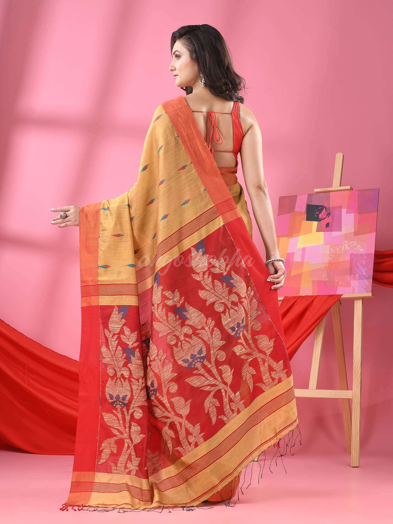 Beige Cotton Blend Jacquard Work Handloom Saree