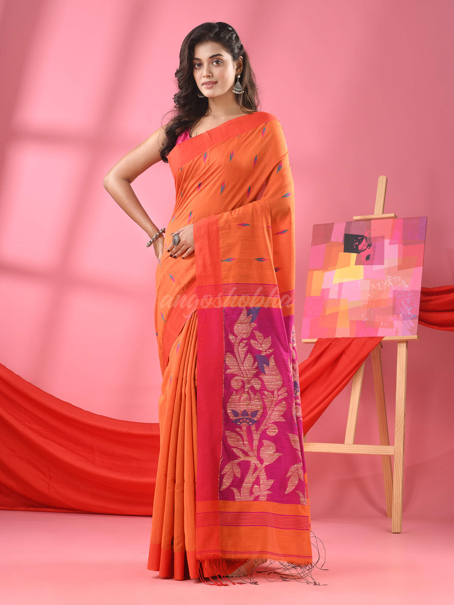 Orange Cotton Blend Jacquard Work Handloom Saree