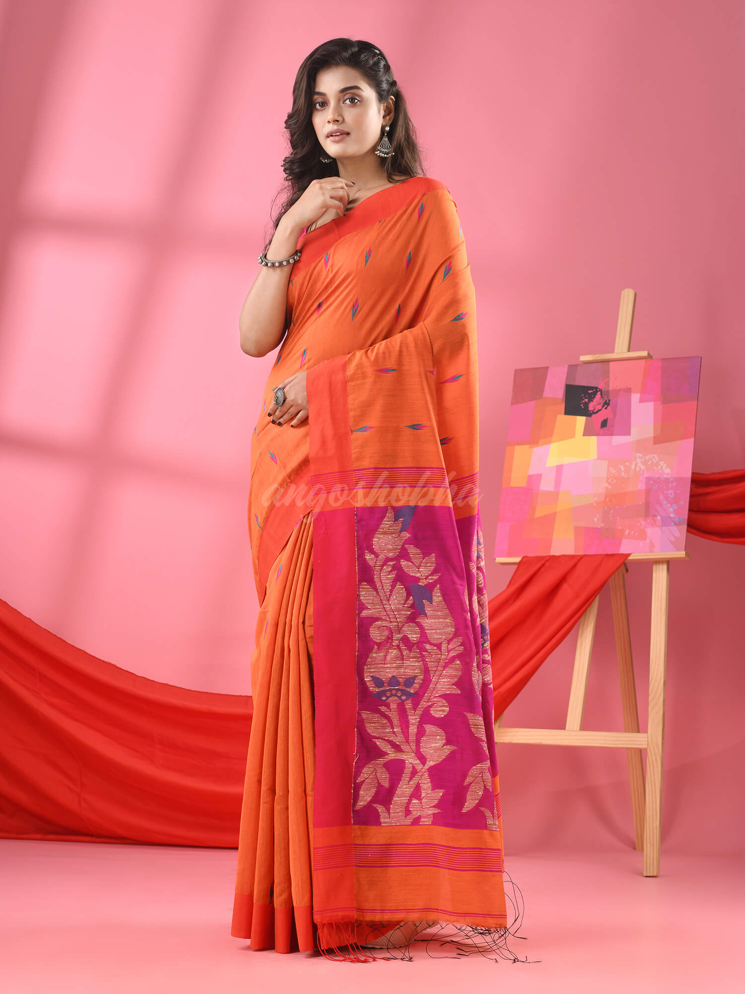 Orange Cotton Blend Jacquard Work Handloom Saree