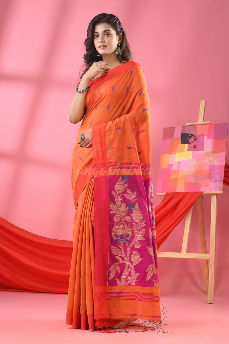 Orange Cotton Blend Jacquard Work Handloom Saree