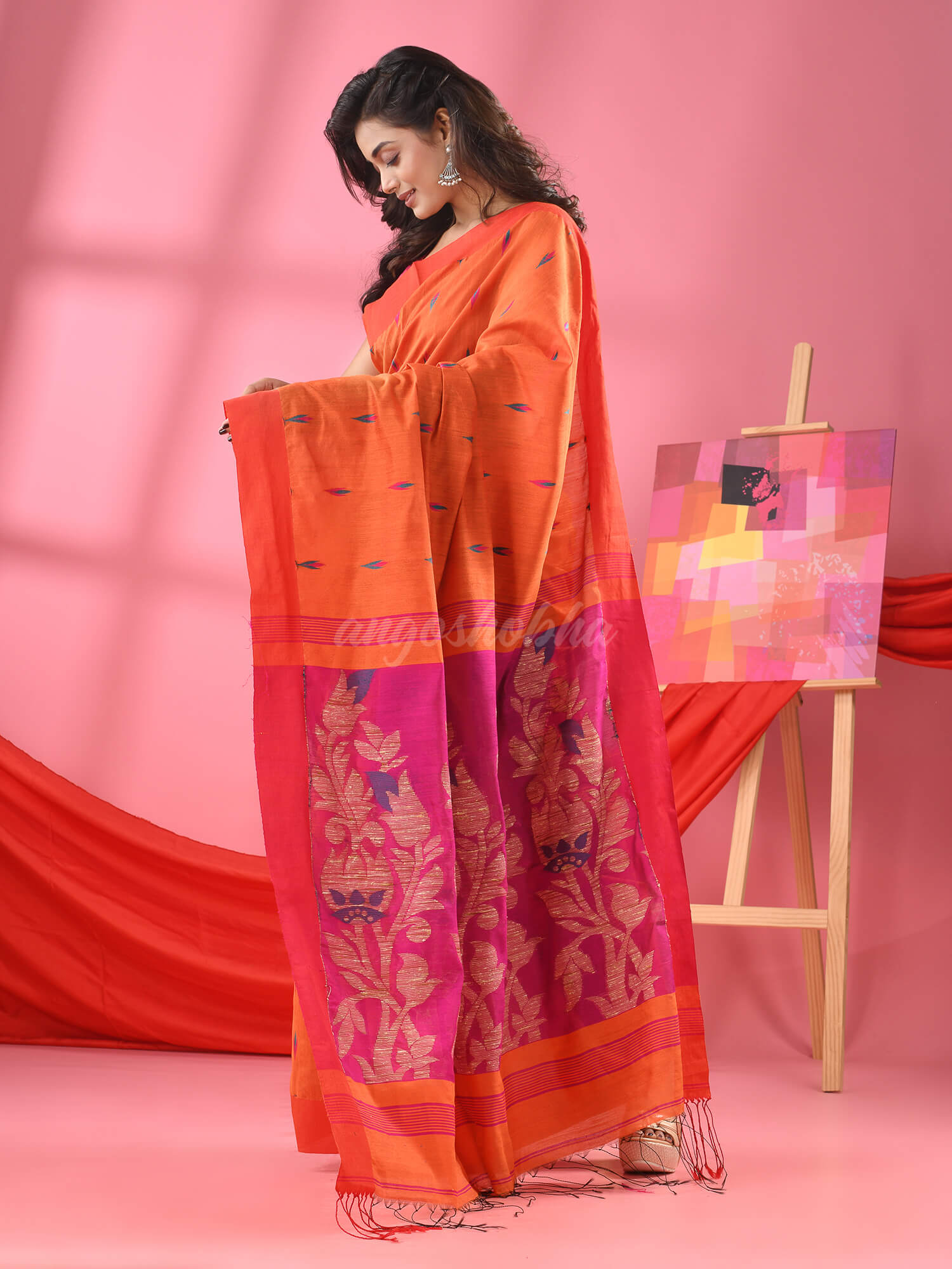 Orange Cotton Blend Jacquard Work Handloom Saree