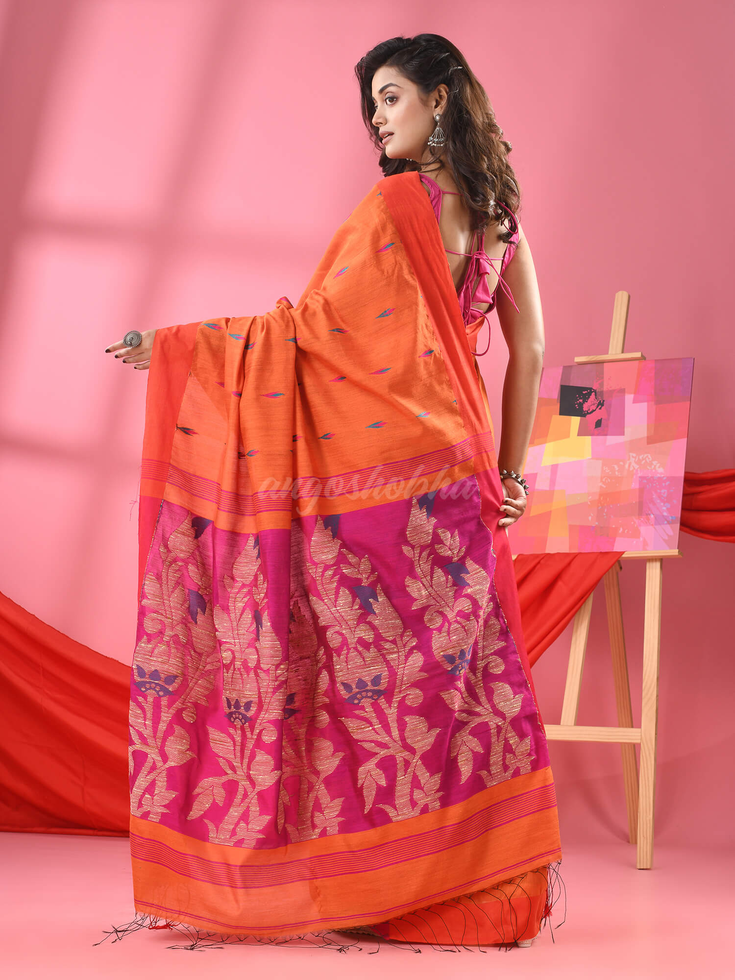 Orange Cotton Blend Jacquard Work Handloom Saree