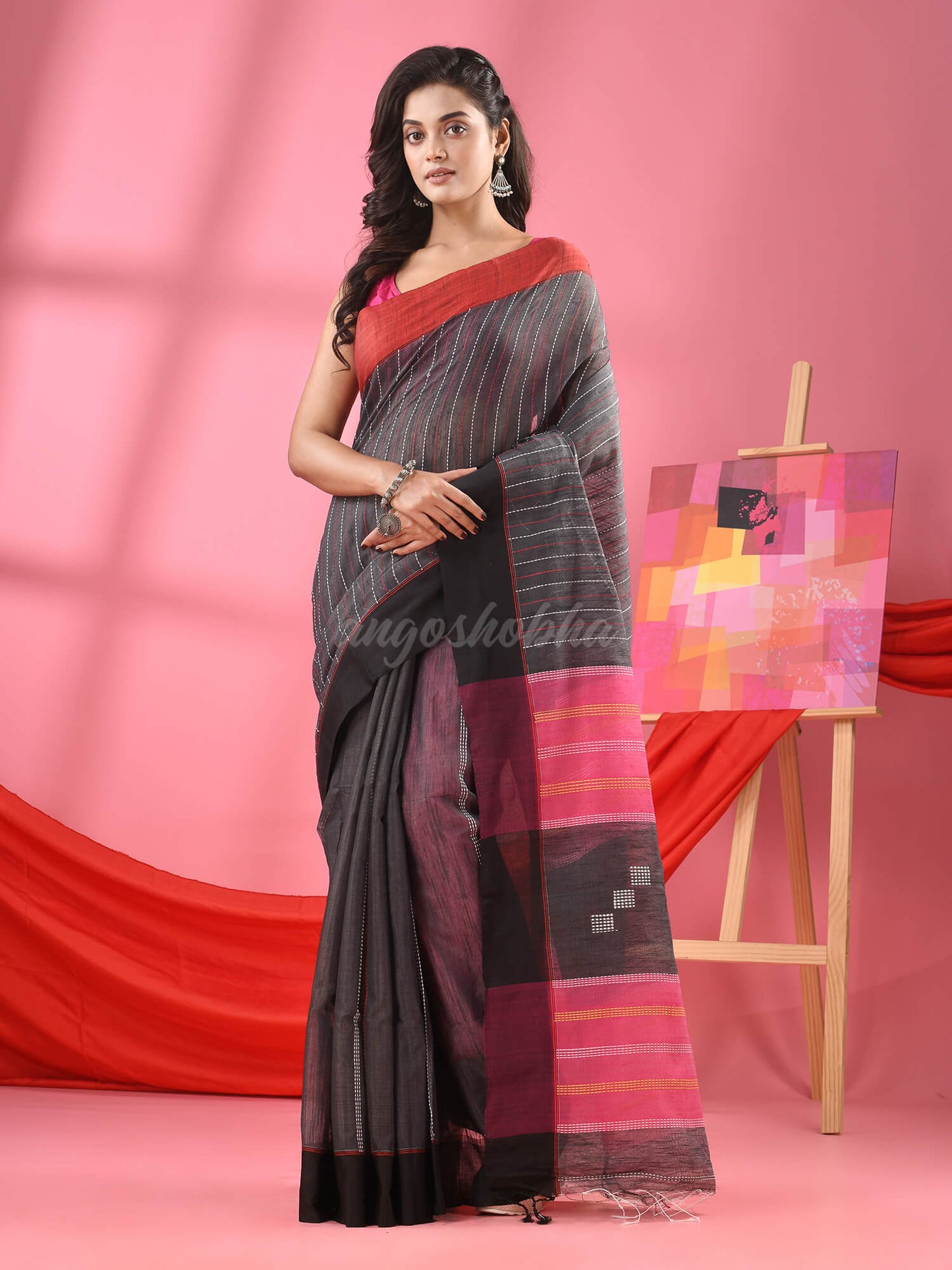 Orange Cotton Blend Jacquard Work Handloom Saree