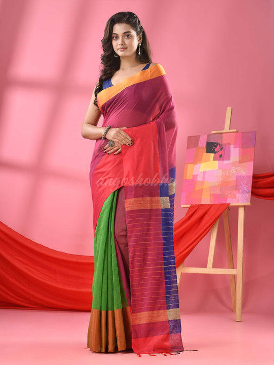 Mulberry Pink & Green  Cotton Blend Half And Half Handloom Saree