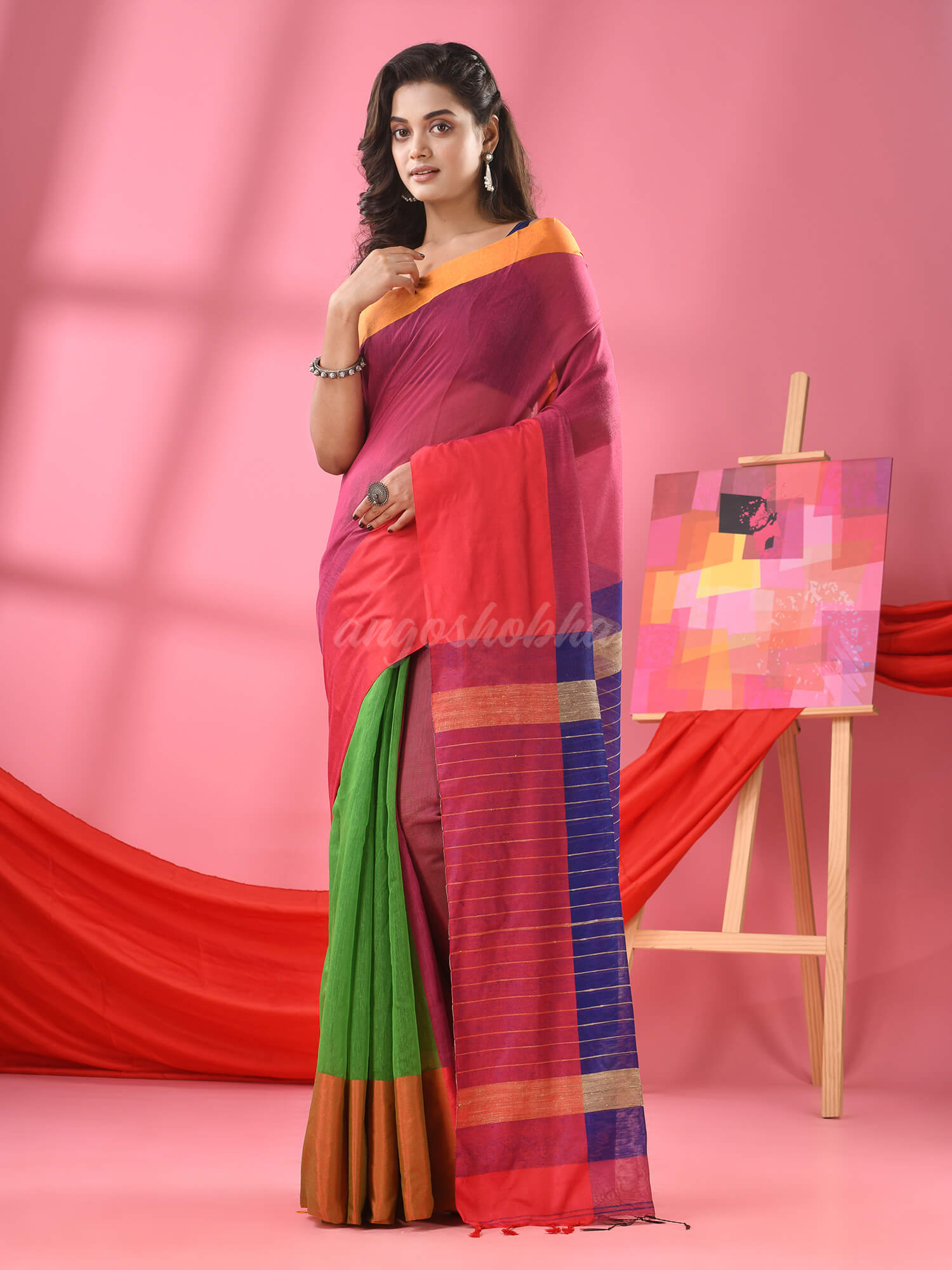 Mulberry Pink & Green  Cotton Blend Half And Half Handloom Saree
