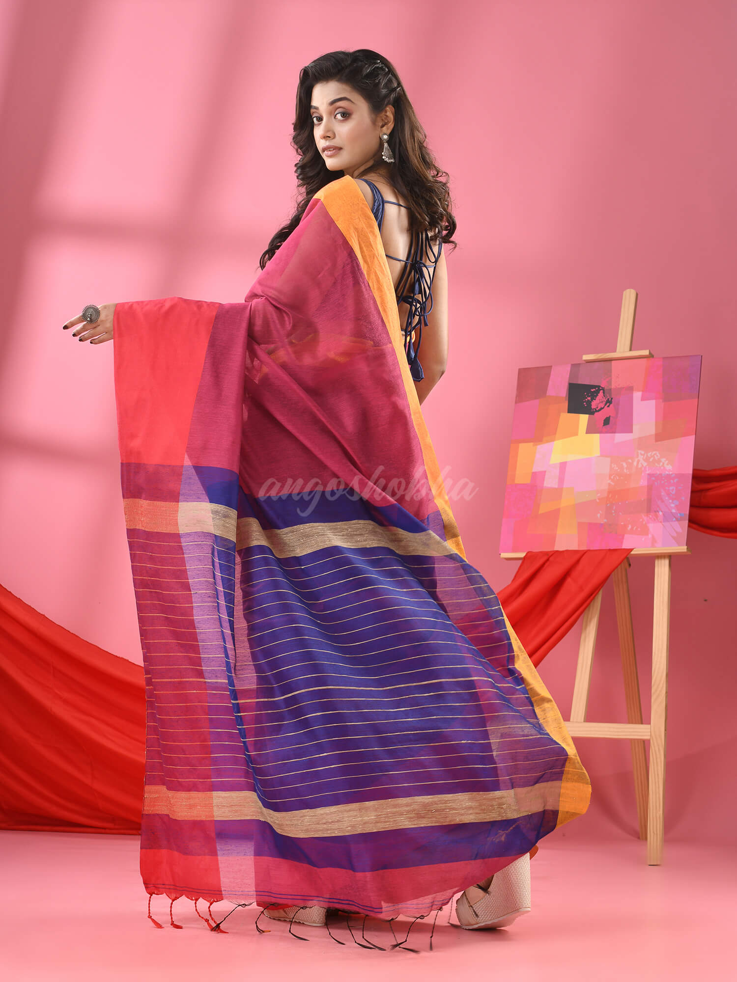 Mulberry Pink & Green  Cotton Blend Half And Half Handloom Saree