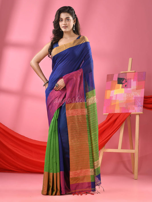 Blue & Green Cotton Blend Half And Half Handloom Saree