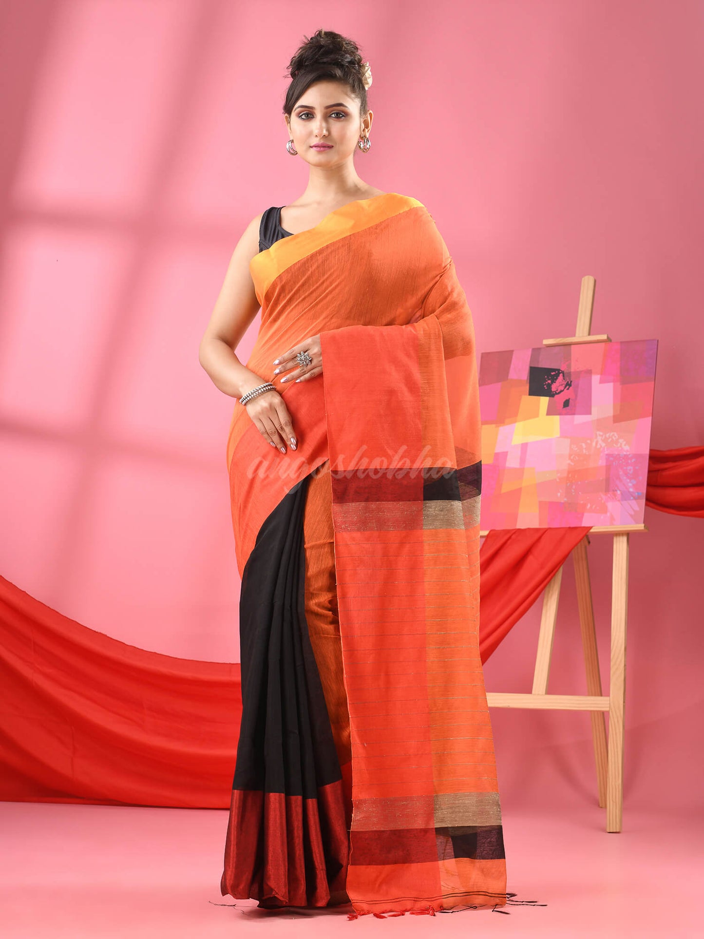 Orange & Black Cotton Blend Half And Half Handloom Saree