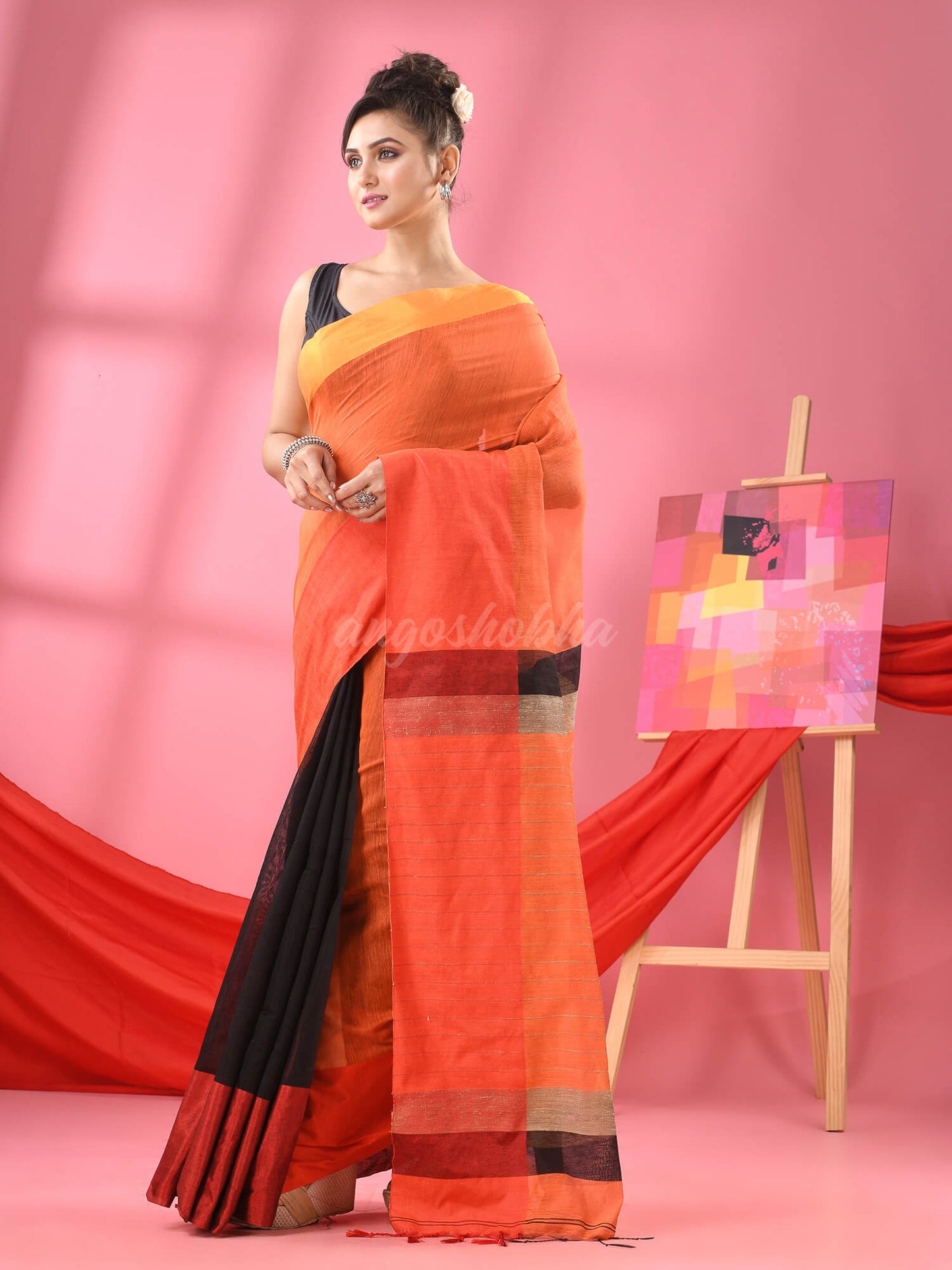 Orange & Black Cotton Blend Half And Half Handloom Saree