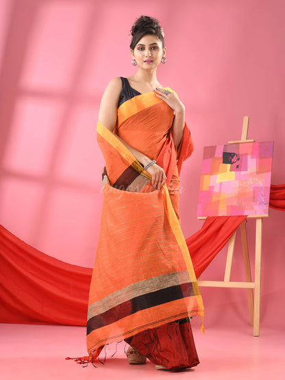 Orange & Black Cotton Blend Half And Half Handloom Saree