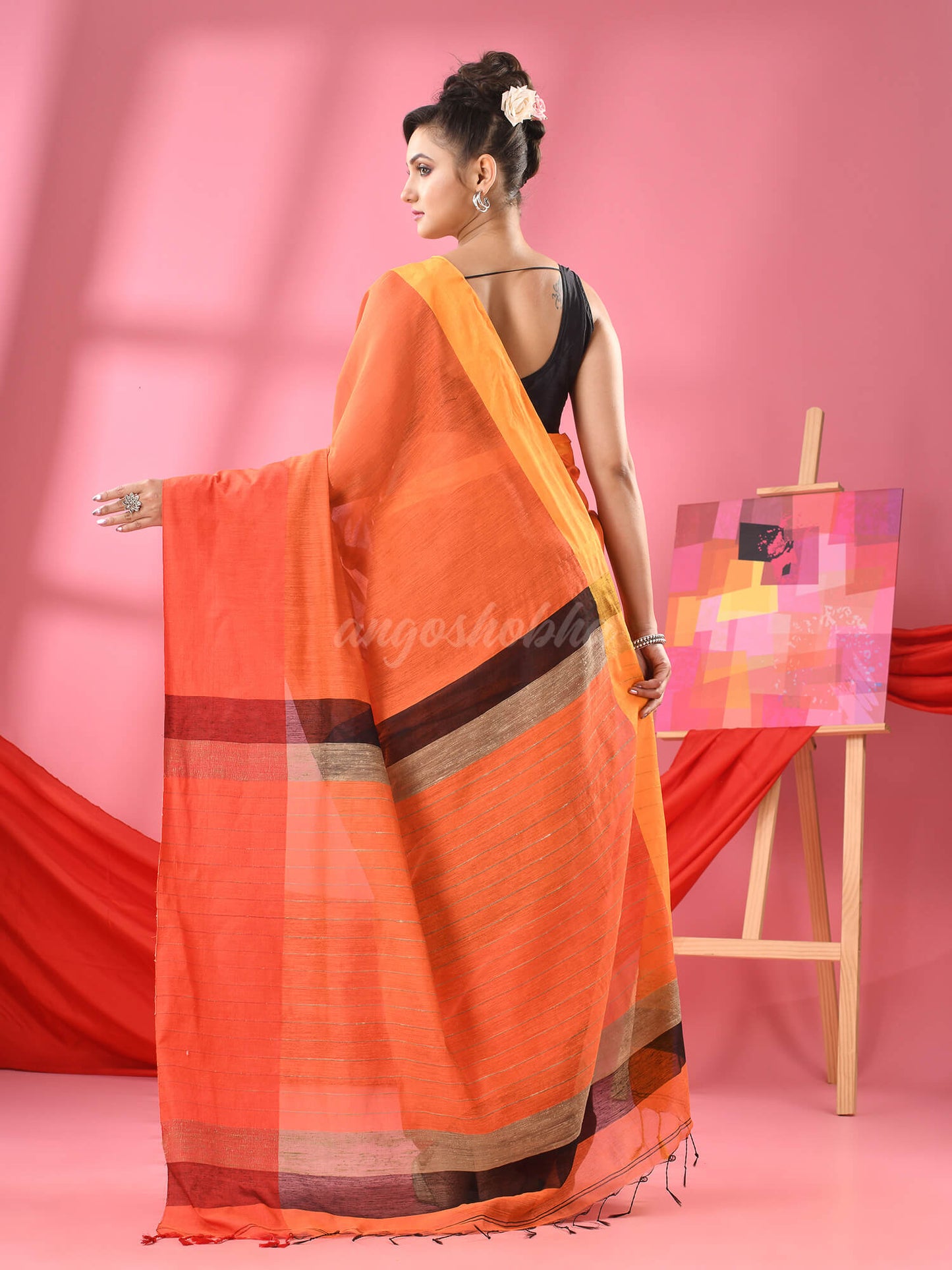 Orange & Black Cotton Blend Half And Half Handloom Saree