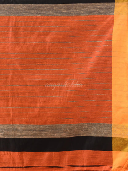 Orange & Black Cotton Blend Half And Half Handloom Saree