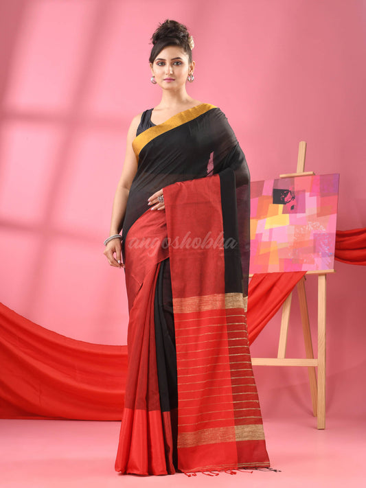 Black & Maroon Cotton Blend Half And Half Handloom Saree