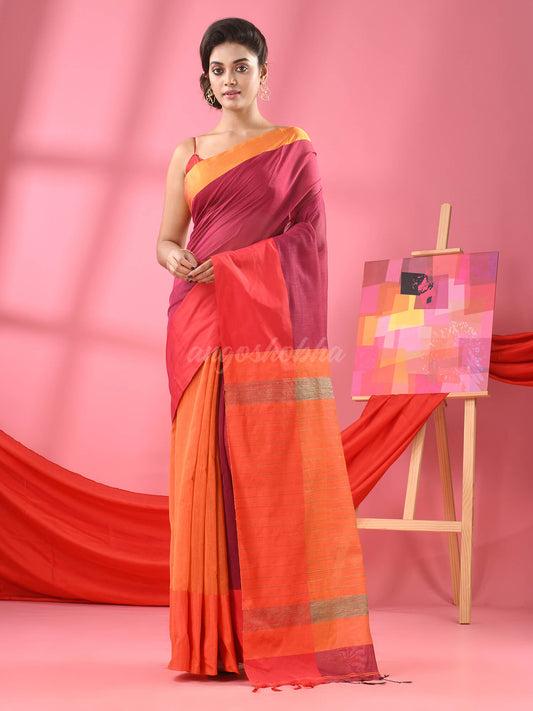 Magenta & Orange Cotton Blend Half And Half Handloom Saree