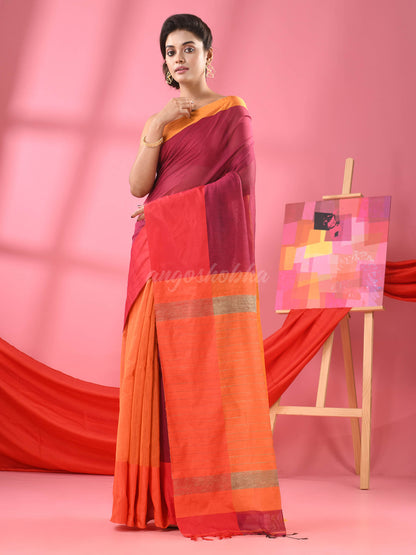 Magenta & Orange Cotton Blend Half And Half Handloom Saree