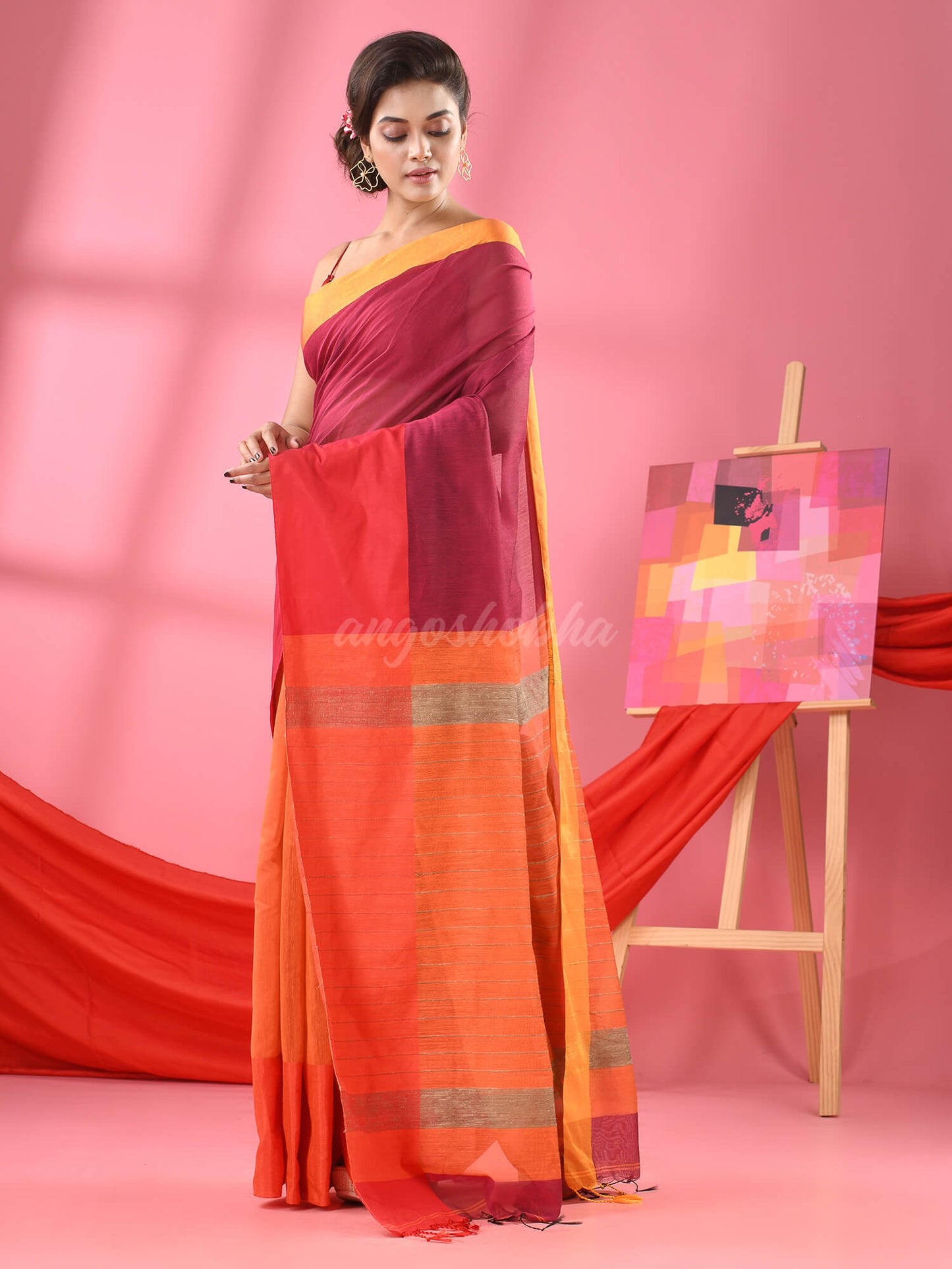 Magenta & Orange Cotton Blend Half And Half Handloom Saree