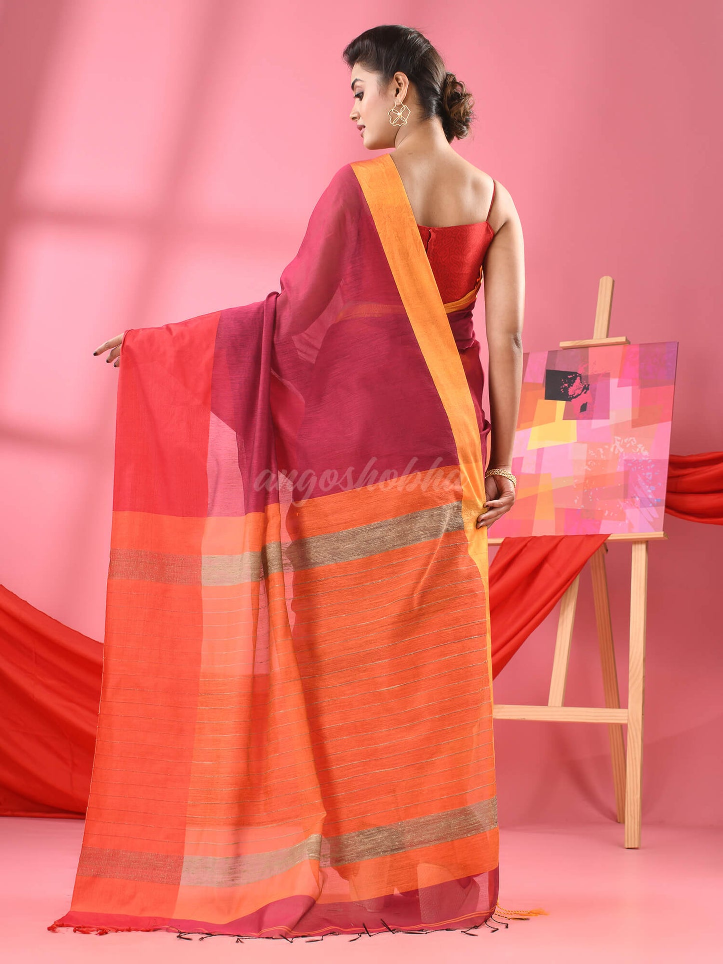 Magenta & Orange Cotton Blend Half And Half Handloom Saree