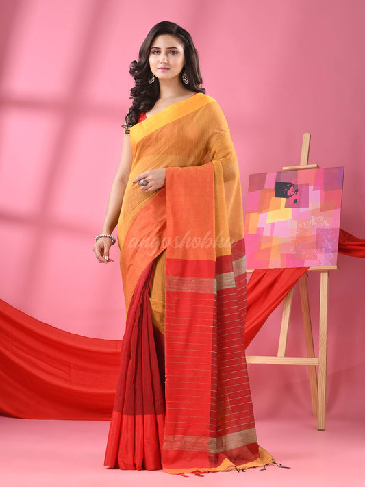 Mustard & Maroon Cotton Blend Half And Half Handloom Saree