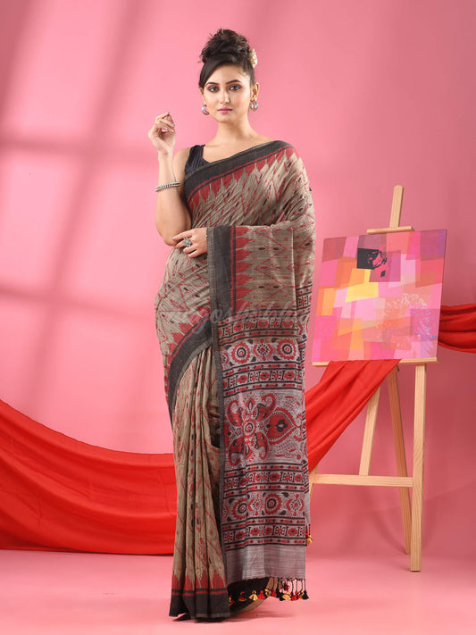 Grey Cotton Blend Printed Handloom Saree