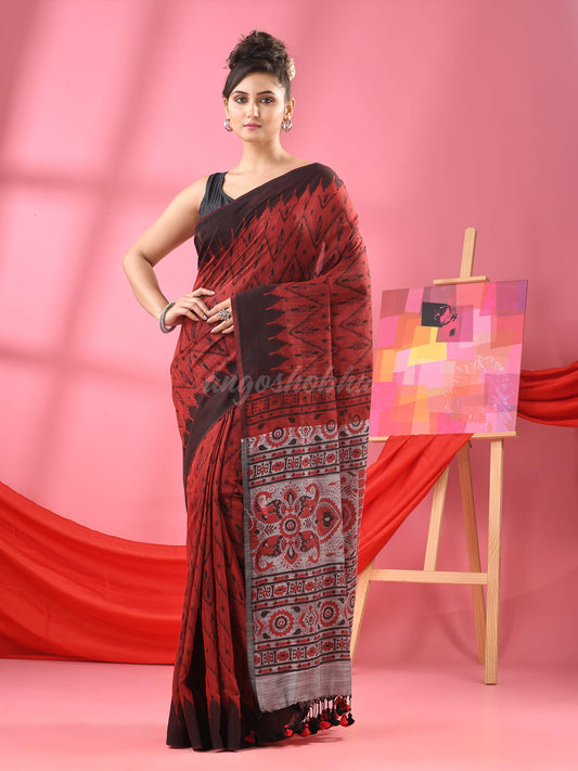 Maroon Cotton Blend Printed Handloom Saree