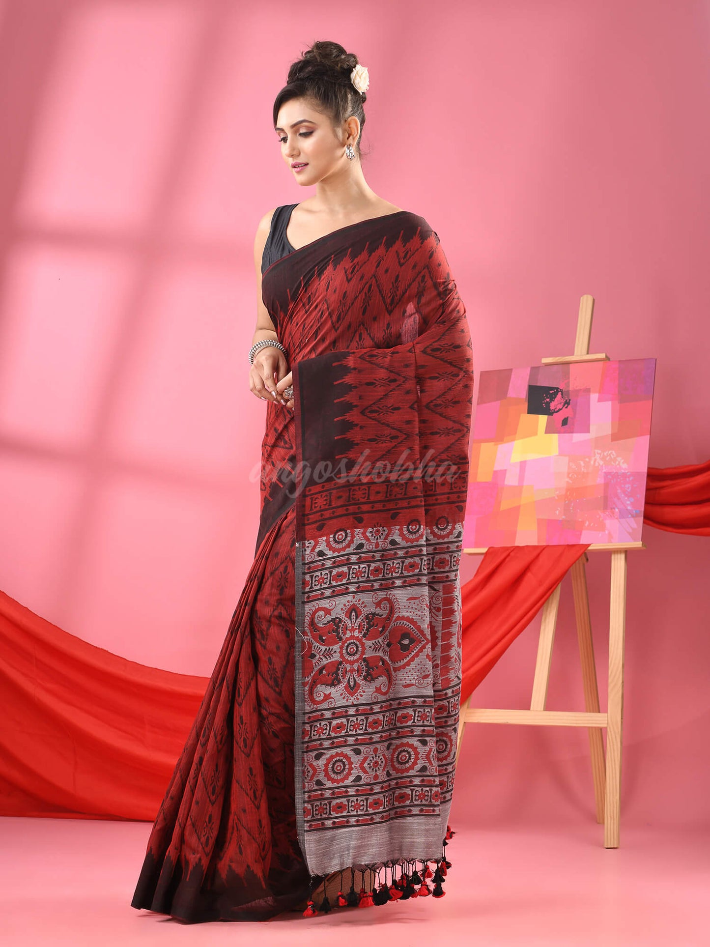 Maroon Cotton Blend Printed Handloom Saree