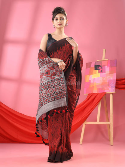 Maroon Cotton Blend Printed Handloom Saree