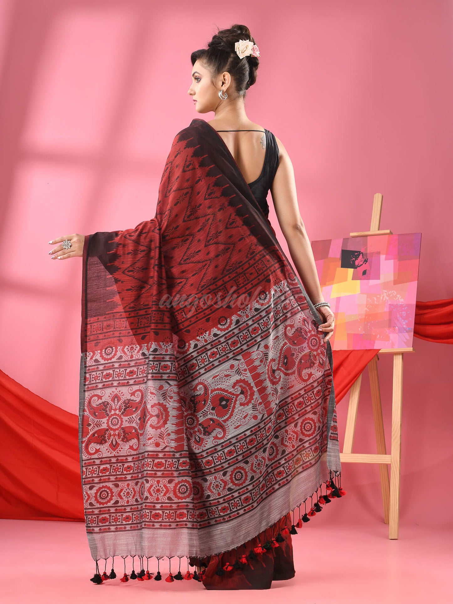 Maroon Cotton Blend Printed Handloom Saree