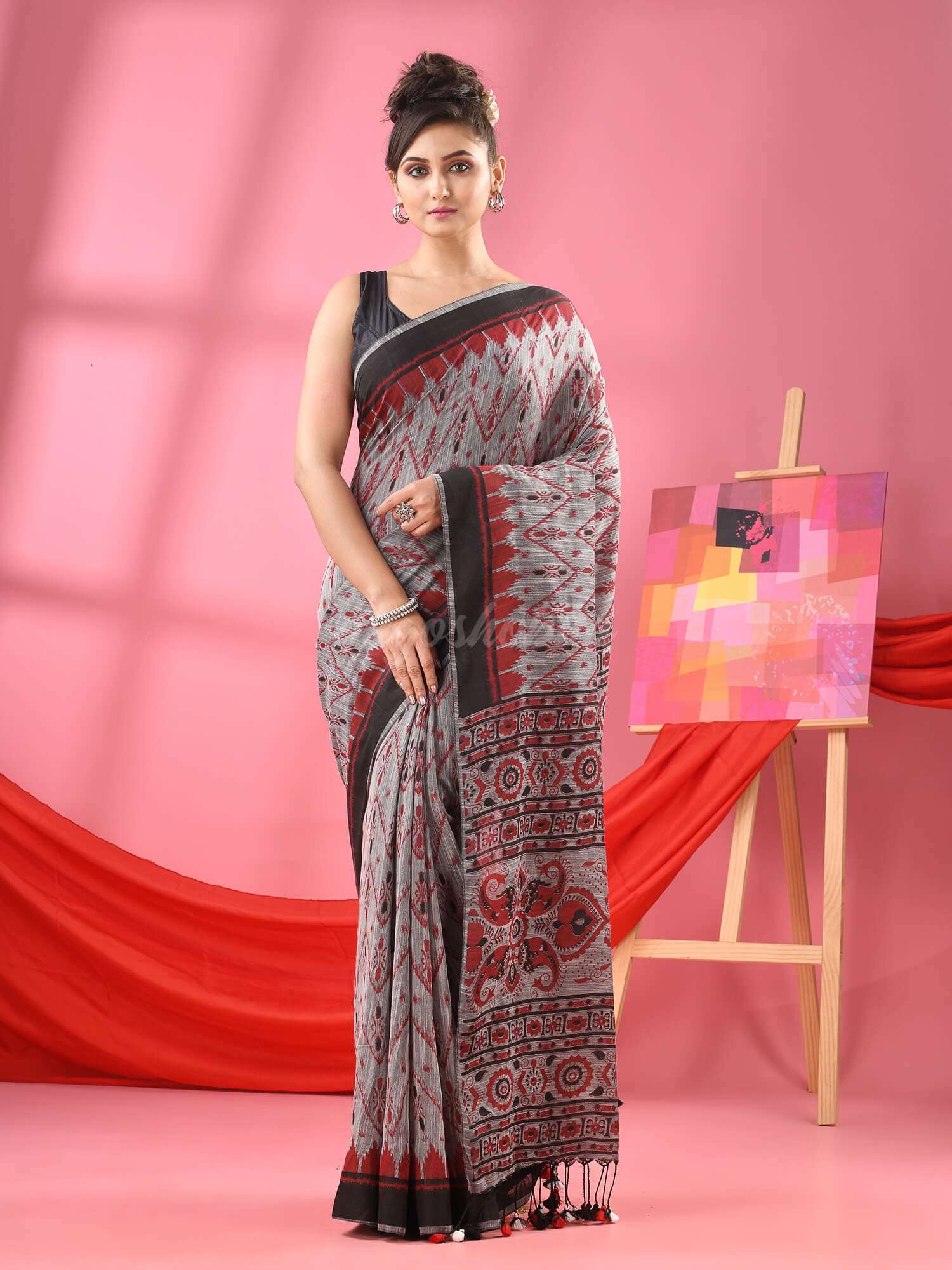 Beige Cotton Blend Printed Handloom Saree