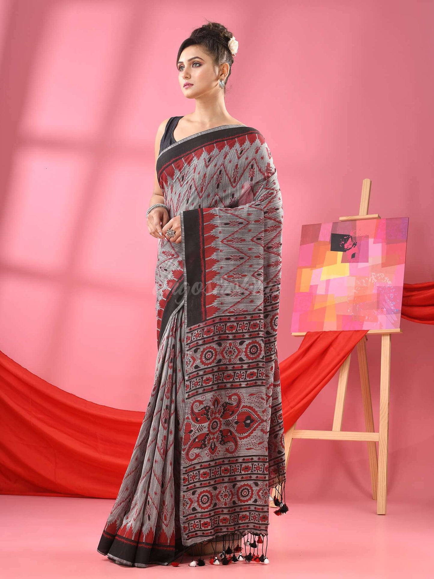 Beige Cotton Blend Printed Handloom Saree