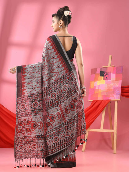 Beige Cotton Blend Printed Handloom Saree