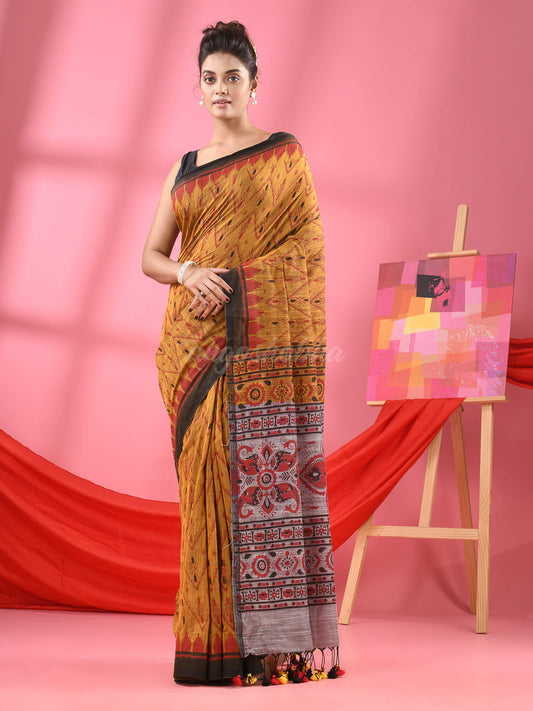 Mustard Cotton Blend Printed Handloom Saree