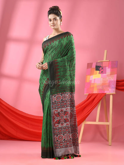 Green Cotton Blend Printed Handloom Saree