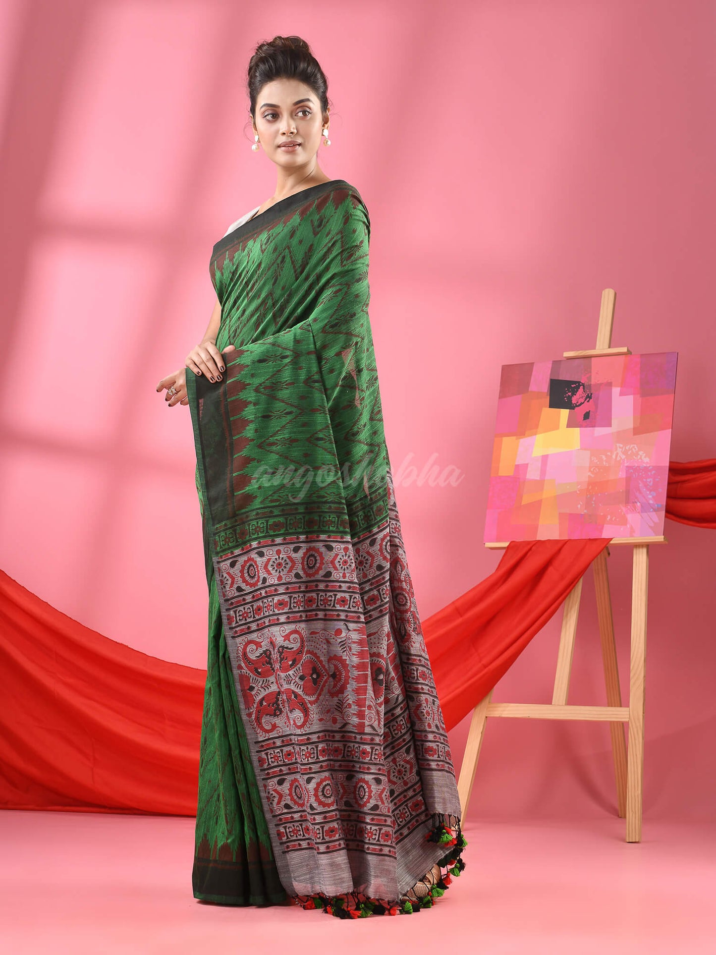 Green Cotton Blend Printed Handloom Saree