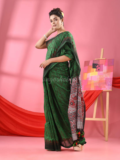 Green Cotton Blend Printed Handloom Saree