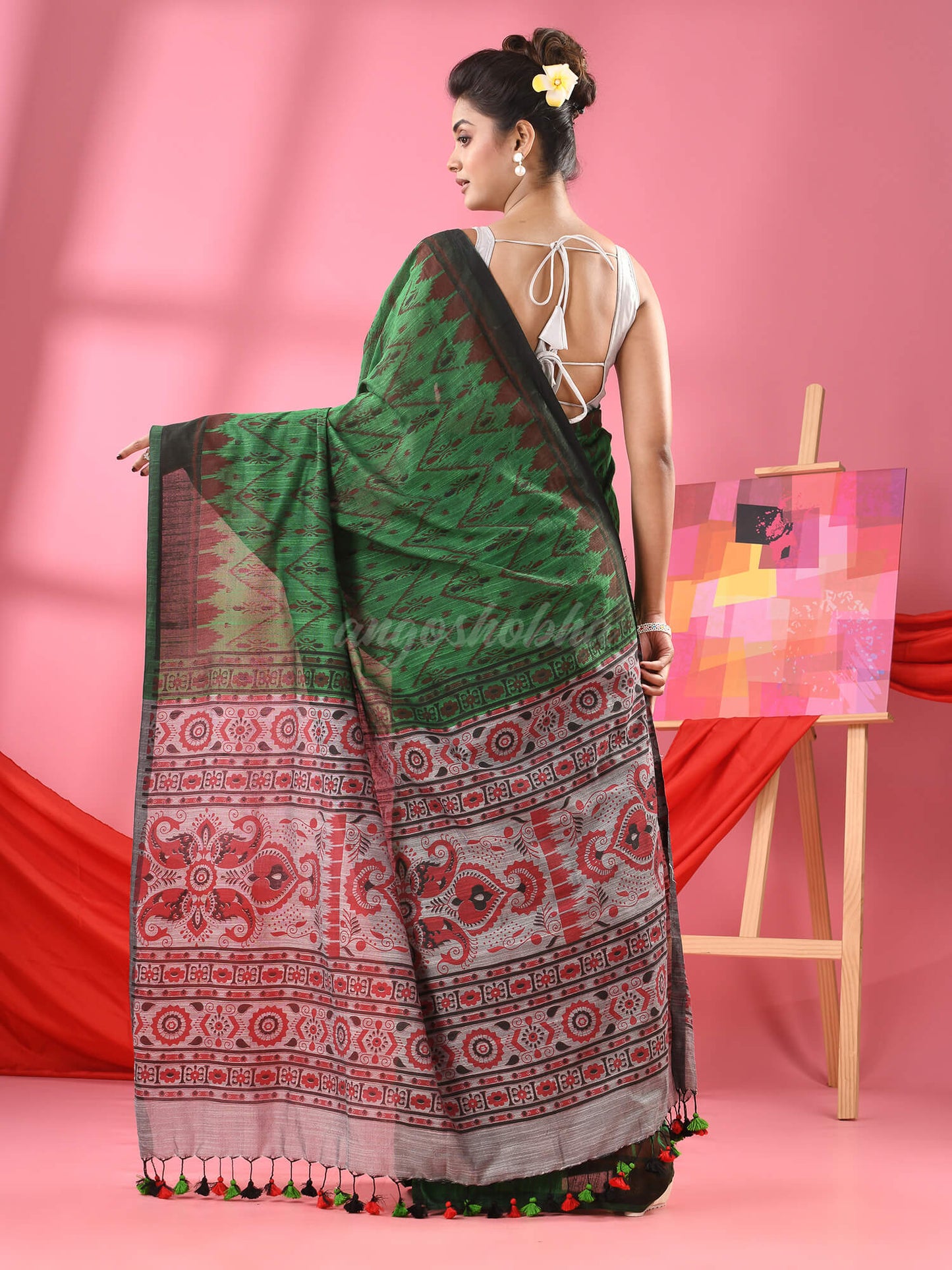 Green Cotton Blend Printed Handloom Saree