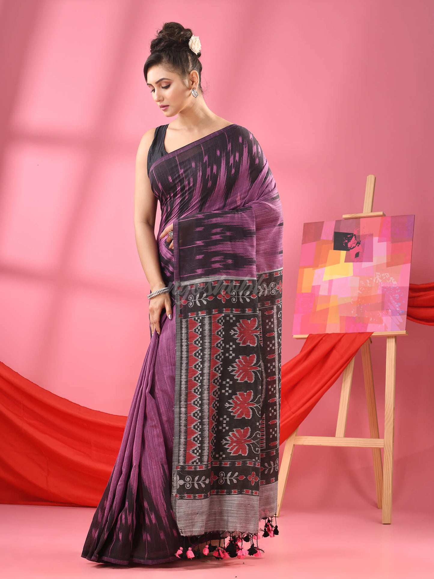 Royal Purple Cotton Blend Printed Handloom Saree