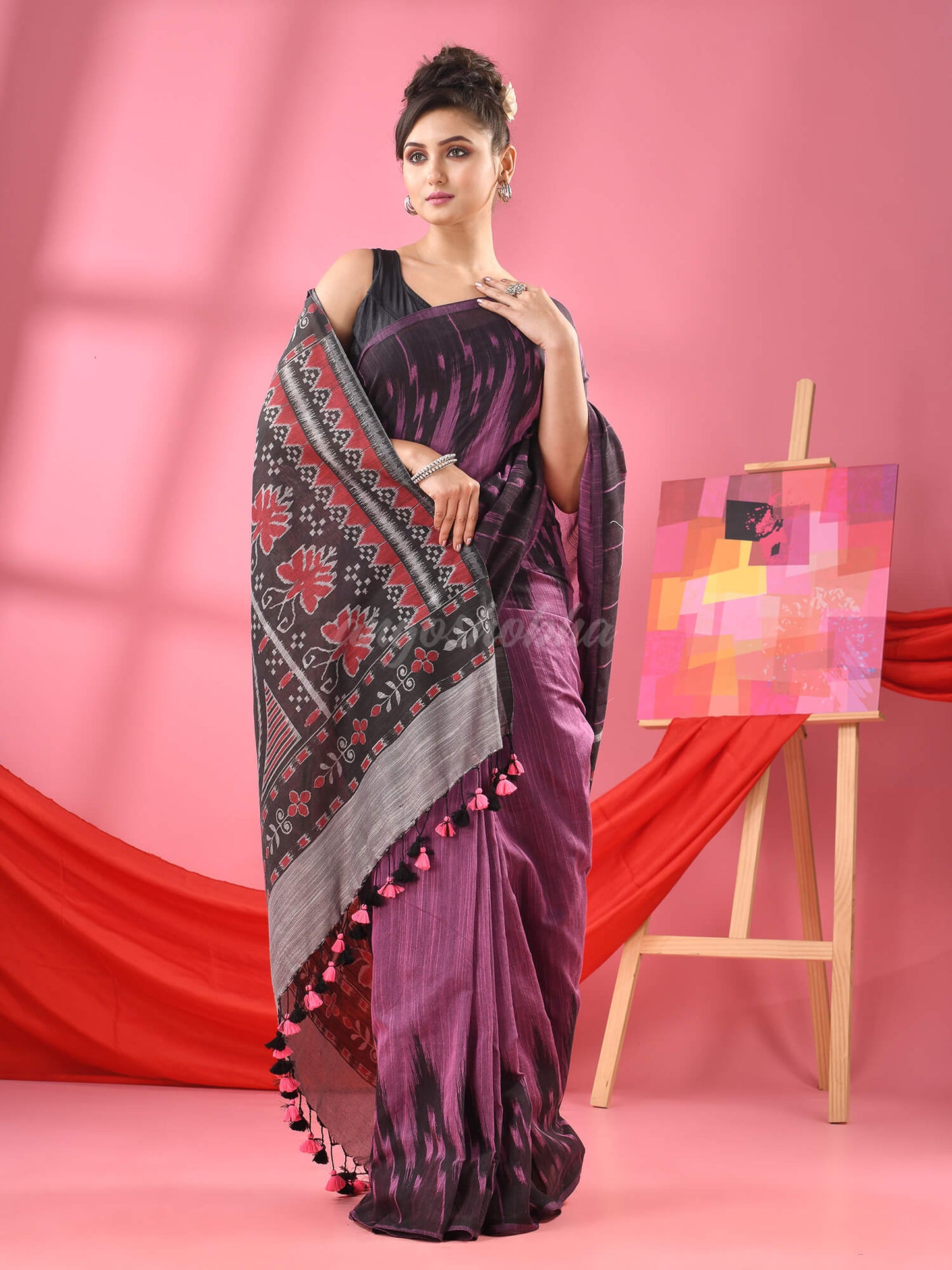 Royal Purple Cotton Blend Printed Handloom Saree