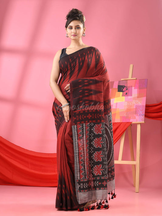 Red Cotton Blend Printed Handloom Saree