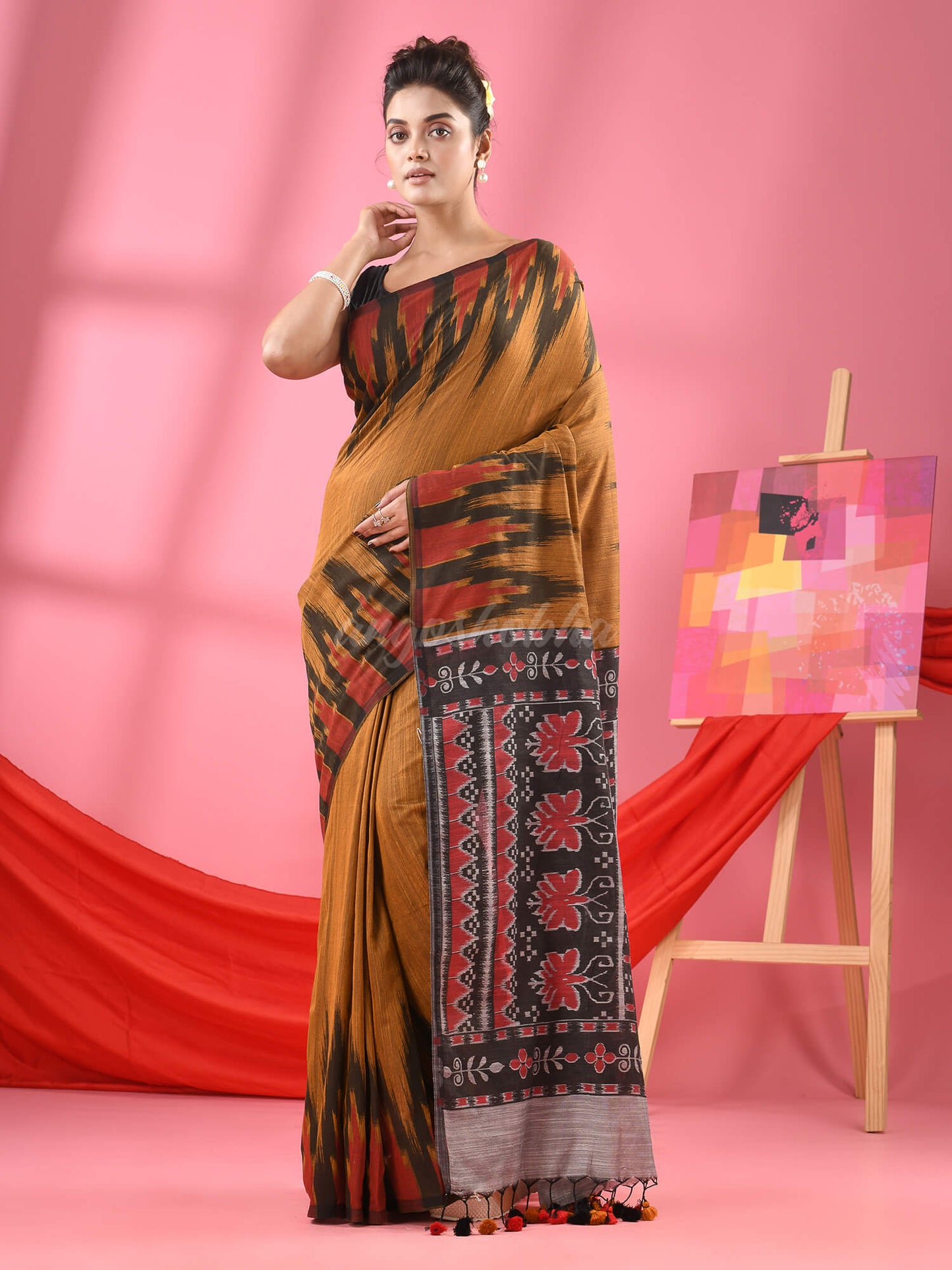 Mustard Cotton Blend Printed Handloom Saree