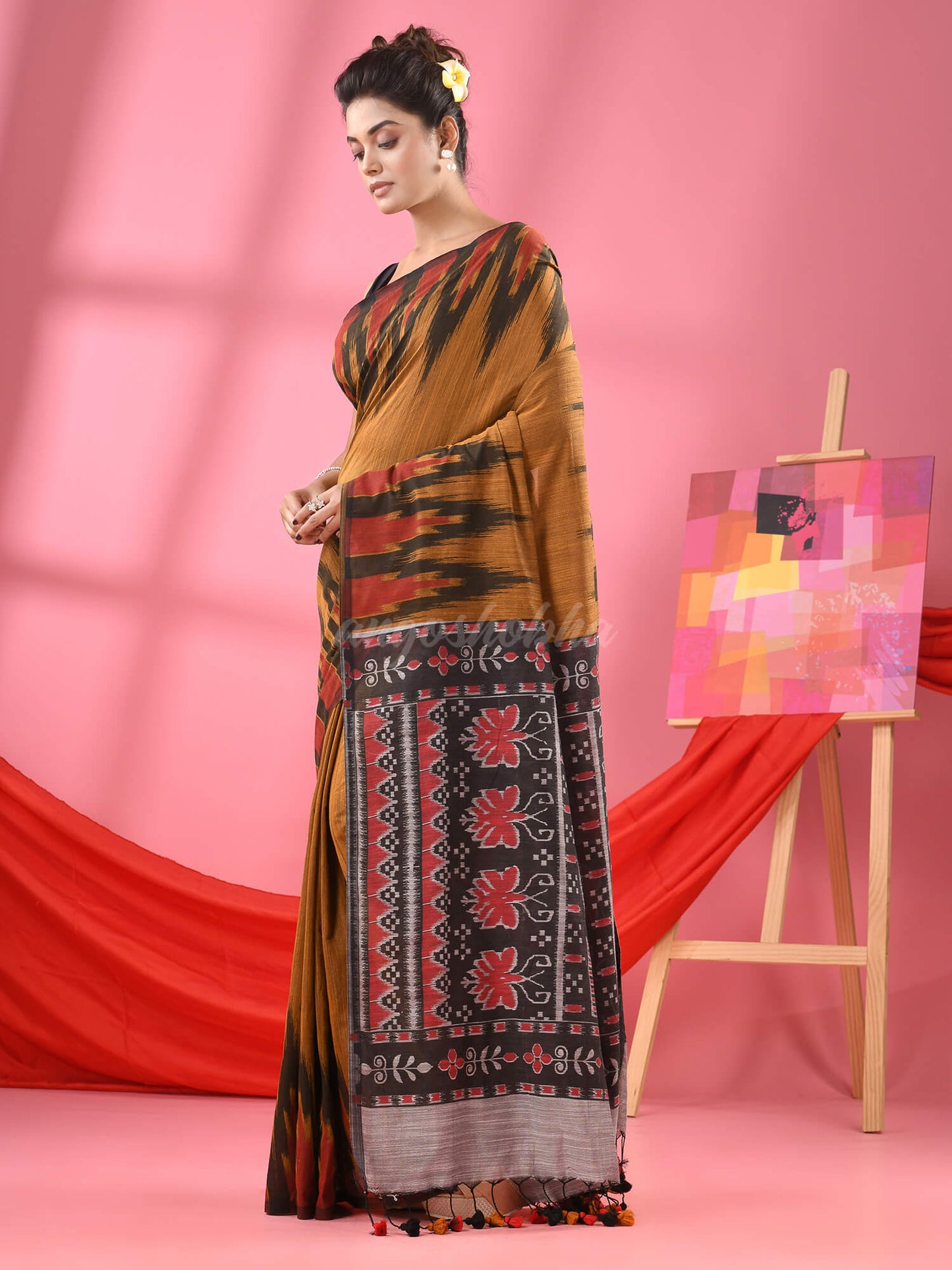 Mustard Cotton Blend Printed Handloom Saree