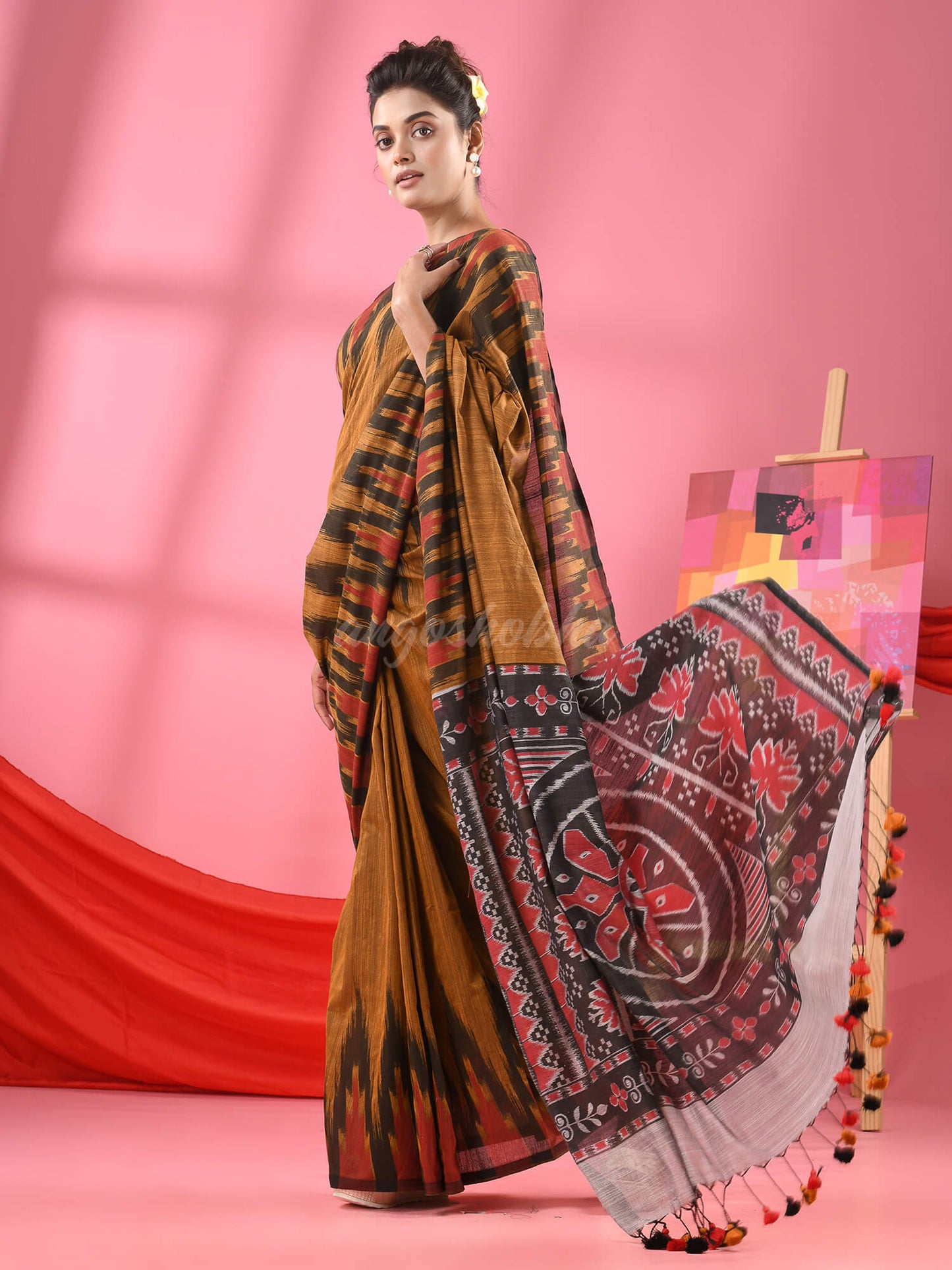 Mustard Cotton Blend Printed Handloom Saree