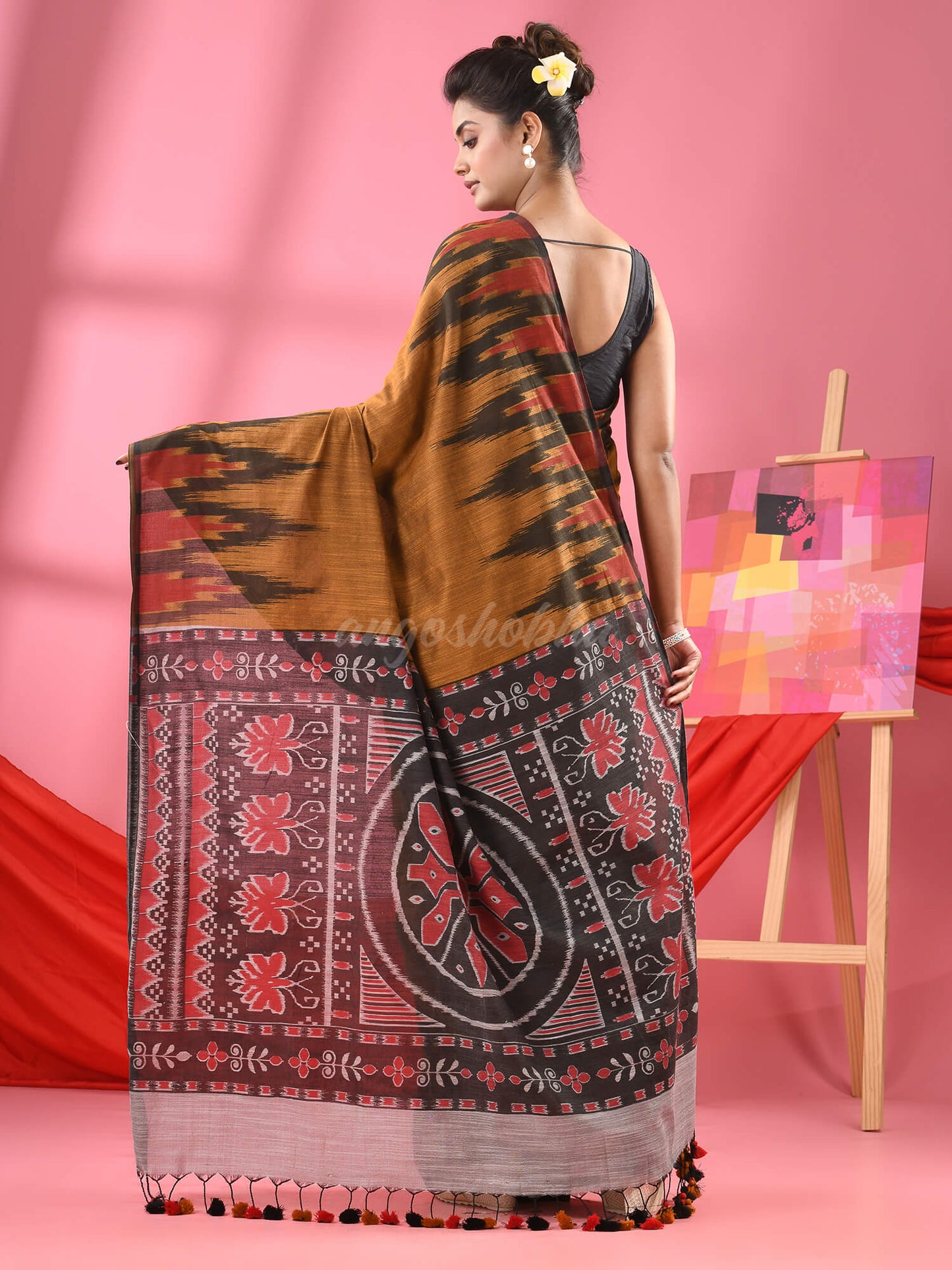 Mustard Cotton Blend Printed Handloom Saree