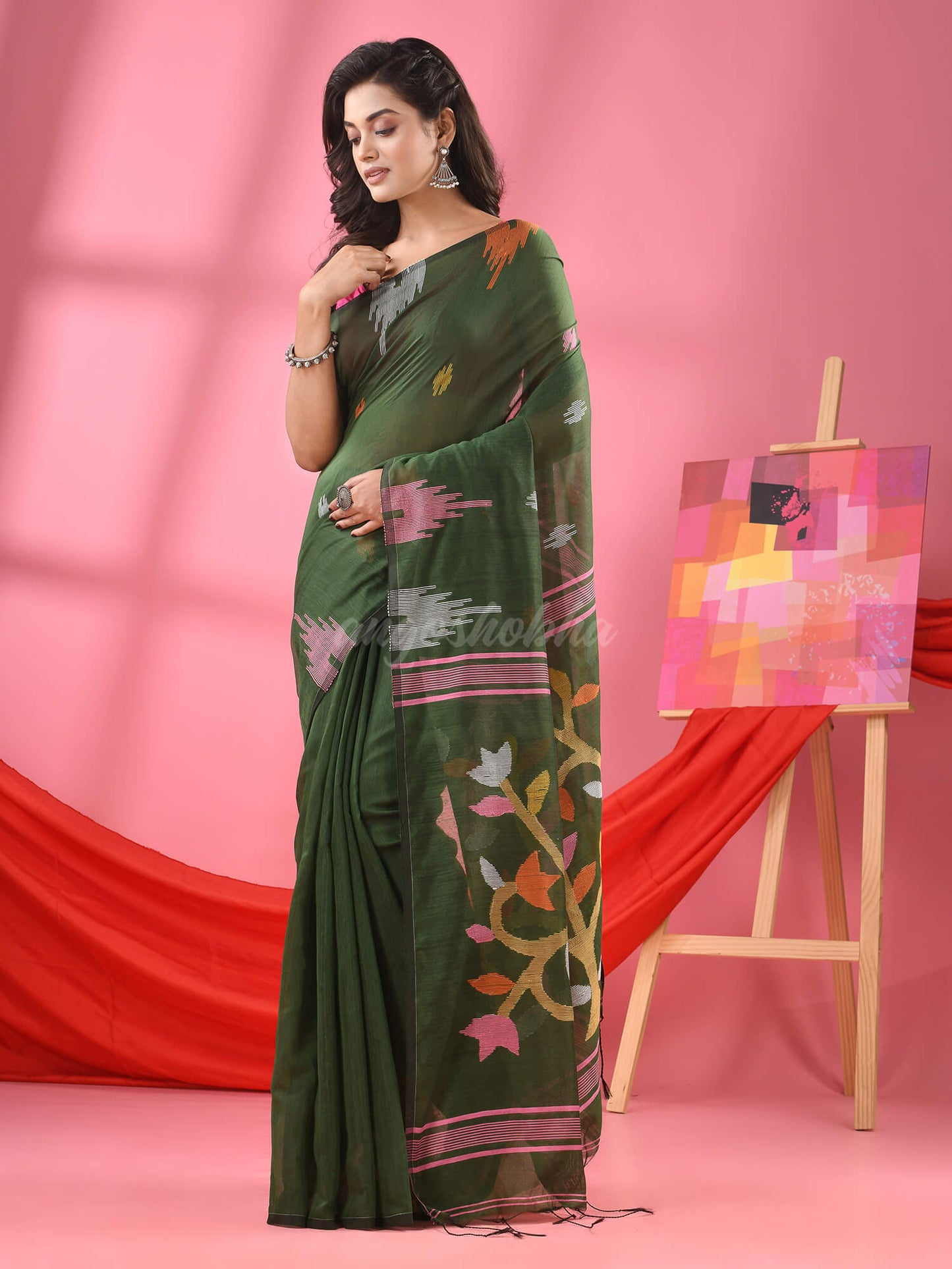 Deep Green Cotton Blend Jamdani Saree