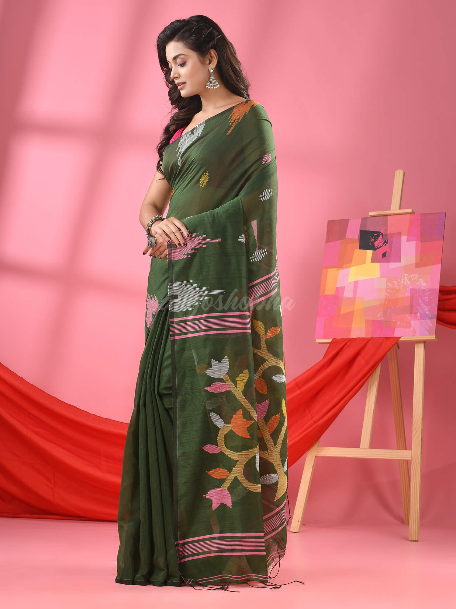 Deep Green Cotton Blend Jamdani Saree