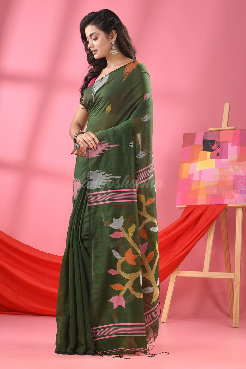 Deep Green Cotton Blend Jamdani Saree