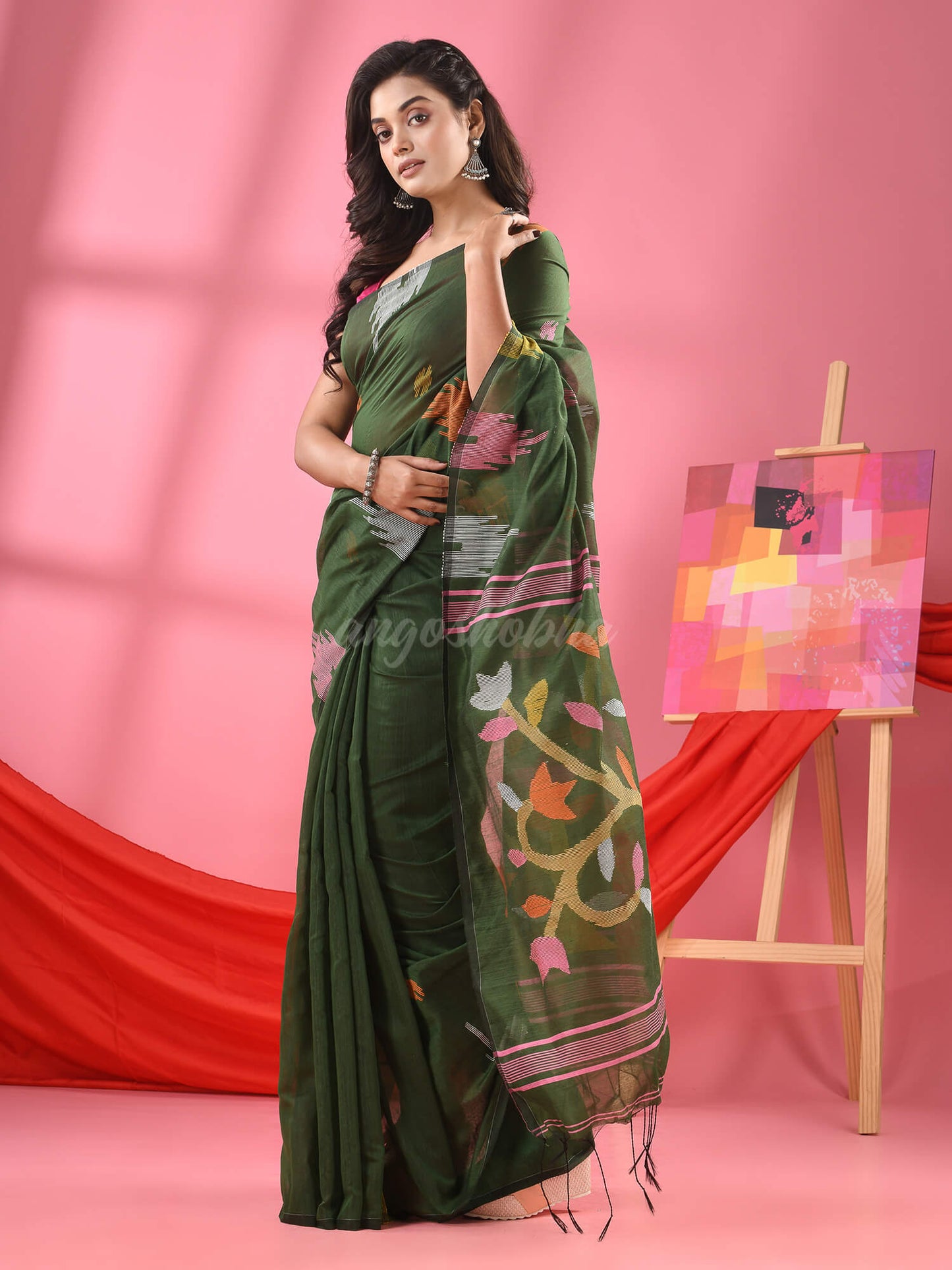 Deep Green Cotton Blend Jamdani Saree